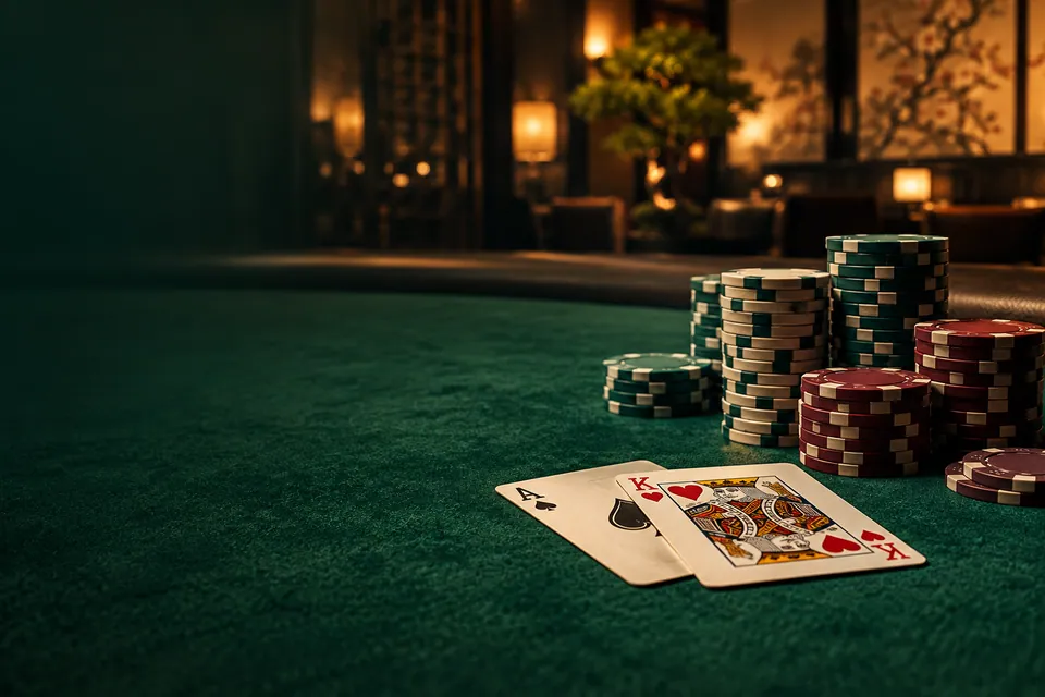 深緑のテーブルに並ぶポーカーチップとカード